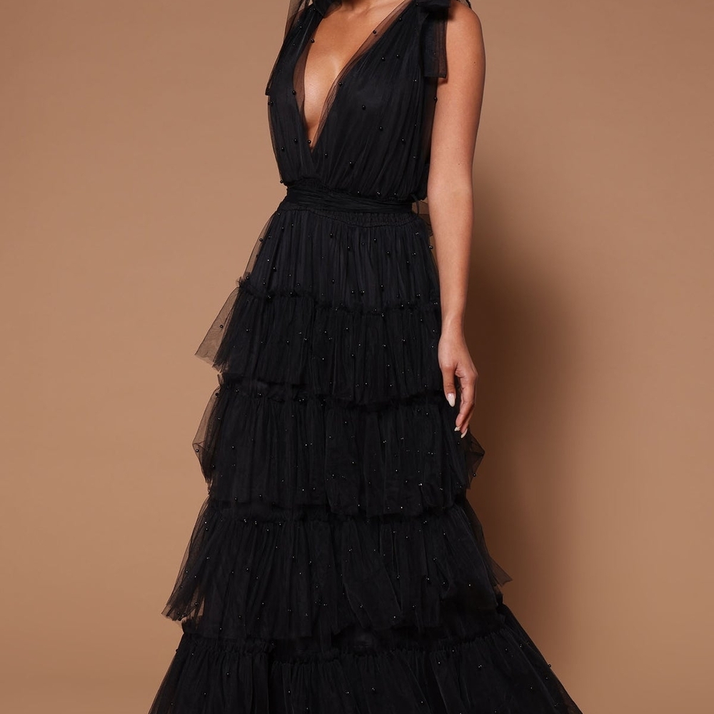 **SOLD** Fashion Nova Black Tiered Beaded Tulle Maxi Dress